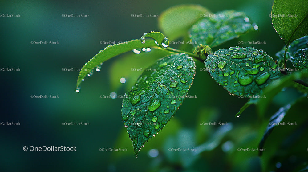 Green Leaves with Fresh Water Droplets Macro