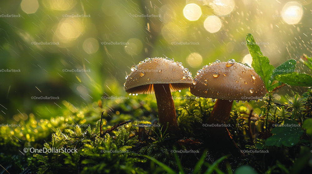 Dew-Kissed Mushrooms in Lush Forest with Morning Sunlight