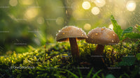 Dew-Kissed Mushrooms in Lush Forest with Morning Sunlight