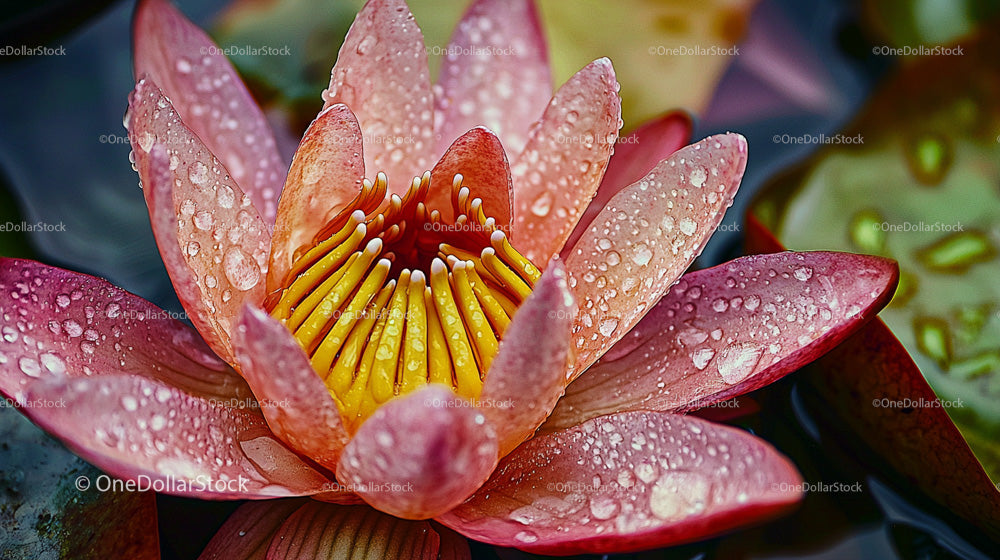 Pink Water Lily with Dewdrops in a Serene Pond