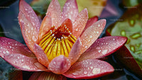 Pink Water Lily with Dewdrops in a Serene Pond