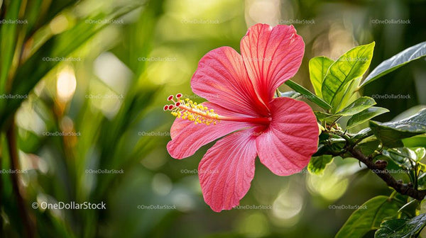 Zbliżenie różowego hibiskusa pośród bujnej zieleni