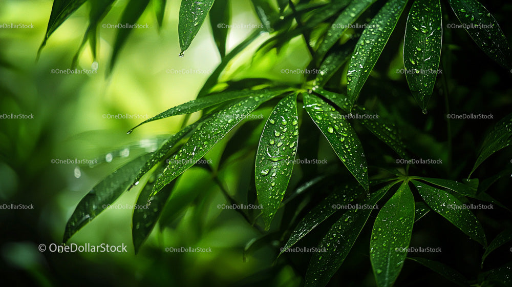 Fresh Green Leaves with Dew Droplets in Natural Light