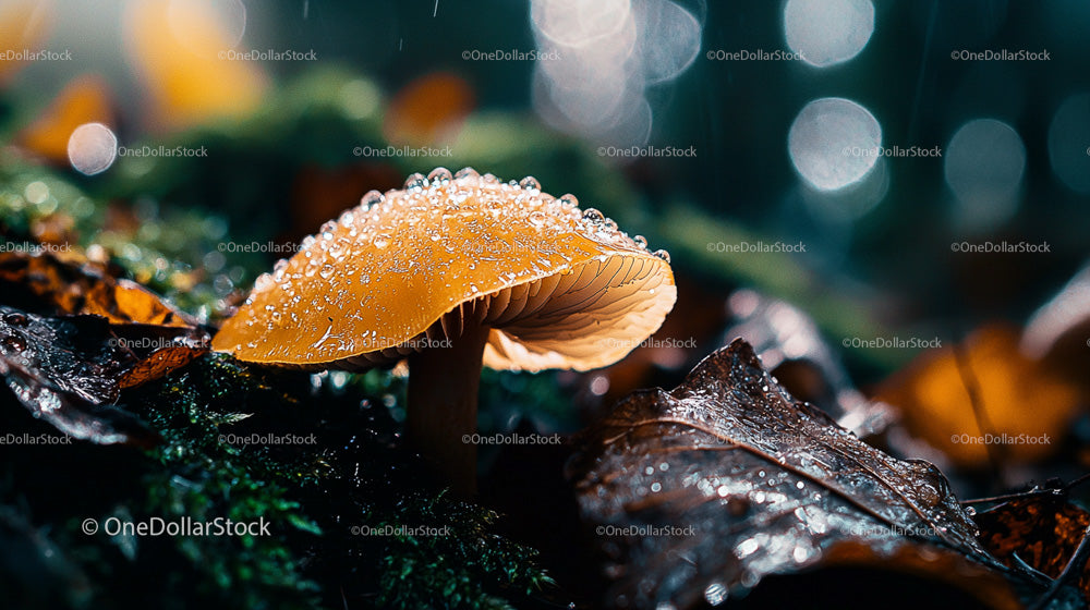 Mushroom with Raindrops in a Mystical Forest Setting