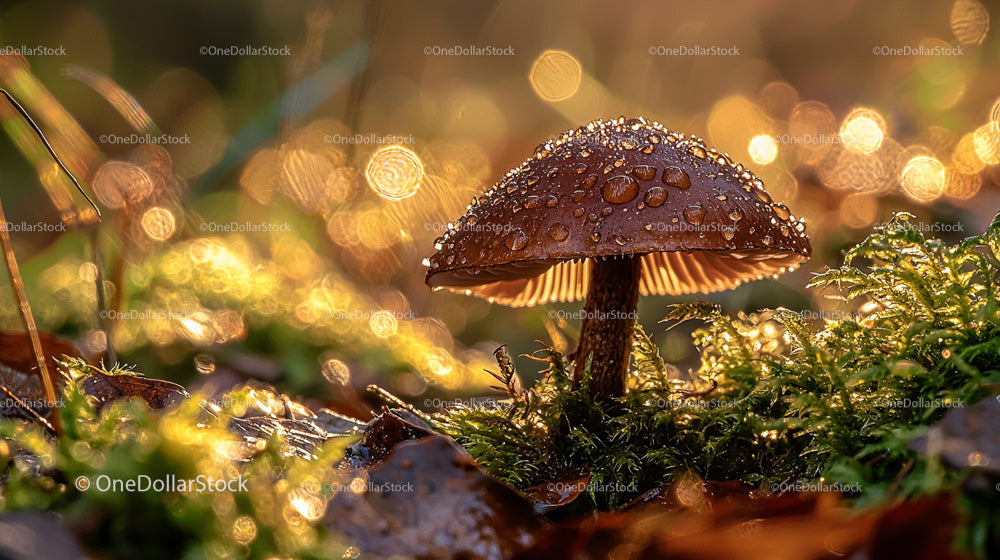 Dew-Kissed Mushroom on Forest Floor with Golden Bokeh