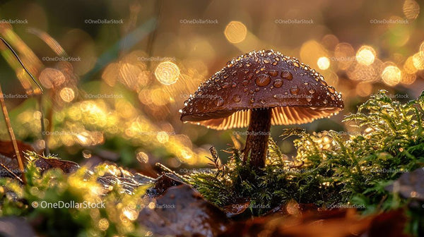 Grzyb Pokryty Kroplami Rosy na Leśnej Ściółce z Złotym Bokeh