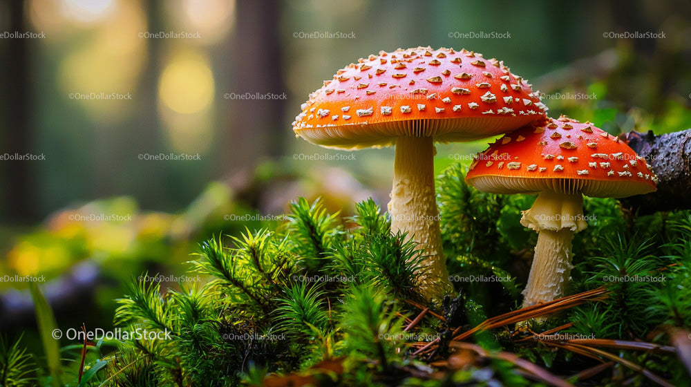Red Amanita Mushrooms in a Lush Forest Setting