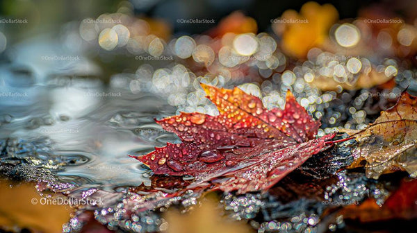 Żywe jesienne liście z rosą na tle bokeh
