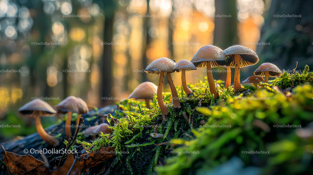 Wild Mushrooms Growing on a Mossy Forest Floor in Autumn