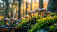 Wild Mushrooms Growing on a Mossy Forest Floor in Autumn