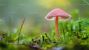 Pink Mushroom Amidst Lush Green Moss with Dewdrops