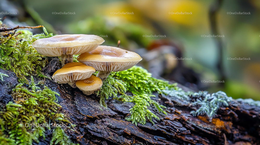 Wild Mushrooms on Mossy Bark in Enchanting Forest Setting