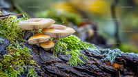 Wild Mushrooms on Mossy Bark in Enchanting Forest Setting
