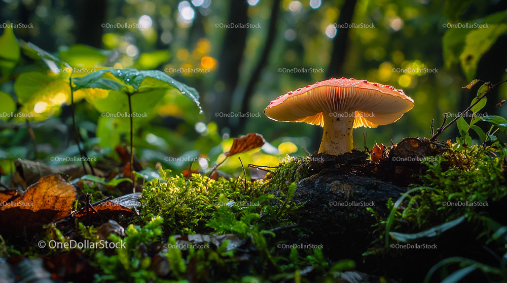 Red Cap Mushroom Growing in Lush Forest Floor