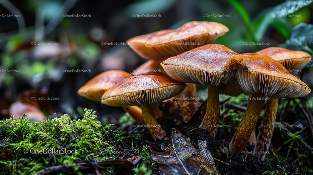 Close Up of Orange Mushrooms in Mossy Forest