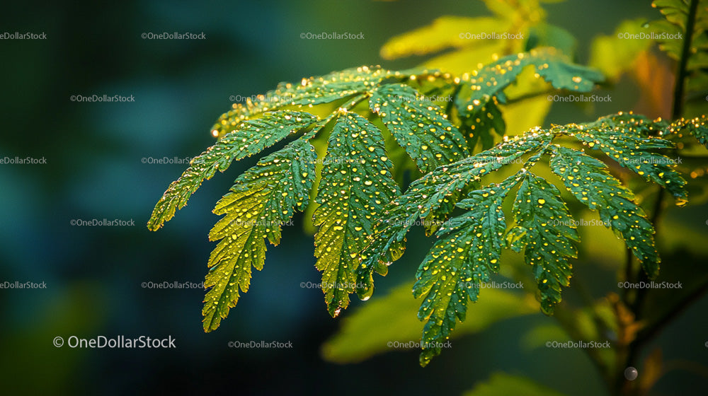 Dew-Covered Green Leaves in Sunlit Forest