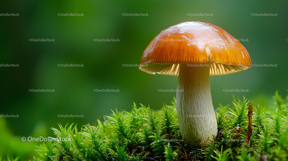 Shiny Wild Mushroom with Moss in a Lush Forest