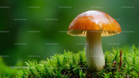Shiny Wild Mushroom with Moss in a Lush Forest