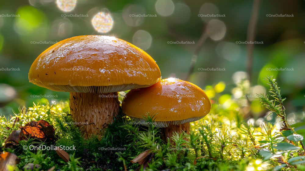 Shiny Mushrooms on Mossy Forest Floor