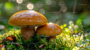 Shiny Mushrooms on Mossy Forest Floor