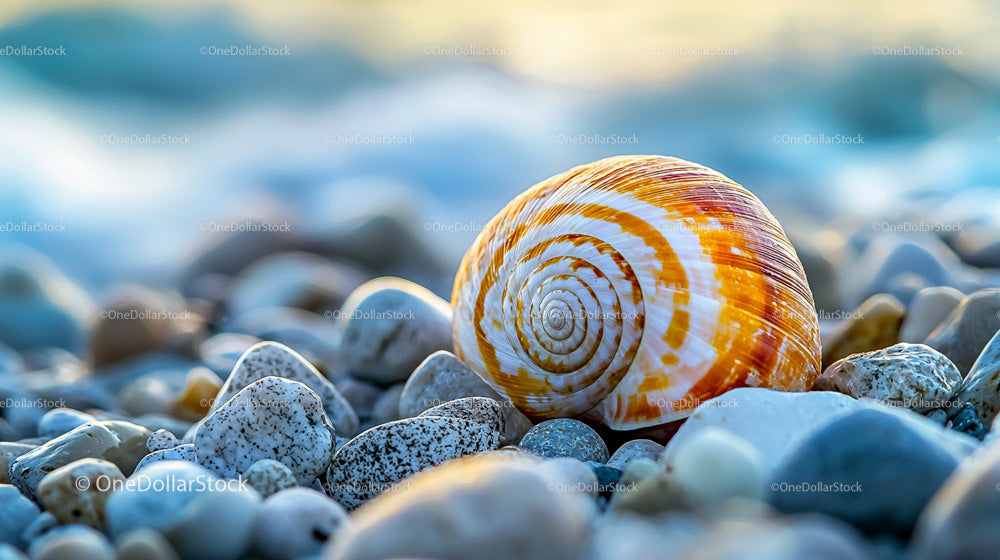 Vibrant Seashell on a Pebble Beach at Sunrise