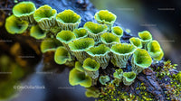 Closeup of Vibrant Green Shelf Mushrooms on Bark