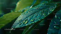 Closeup of Fresh Green Leaf with Morning Dew Droplets