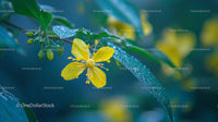 Yellow Flower with Dew on Leaves in a Serene Garden