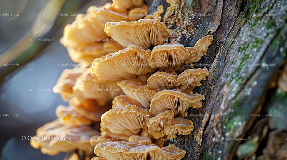 Cluster of Wild Mushrooms Growing on Tree Bark