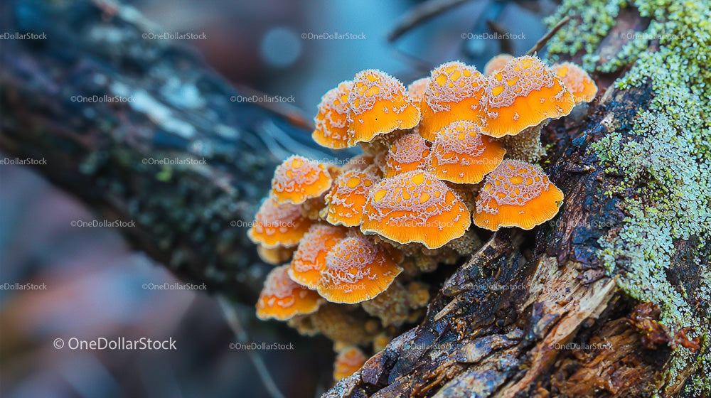 Vibrant Orange Mushrooms on Tree Bark in Forest Setting