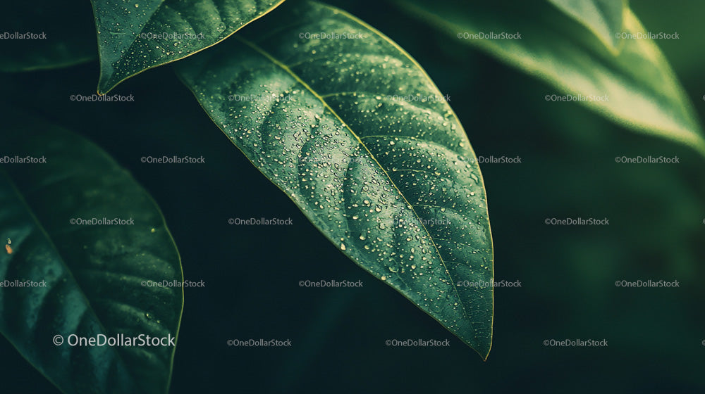 Lush Green Leaves with Dew Drops in a Tropical Setting
