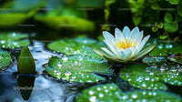 White Water Lily Among Dewy Green Leaves in Tranquil Pond