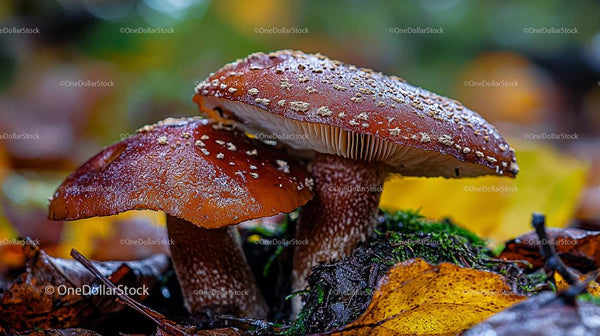 Zbliżenie na brązowe grzyby na leśnej ściółce