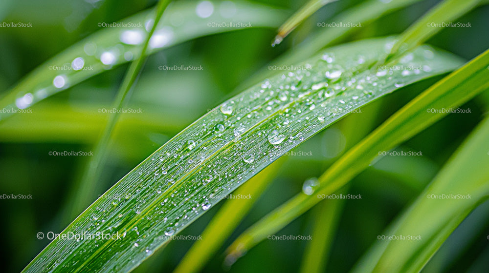 Dew Drops on Green Blade of Grass in Close-Up Shot