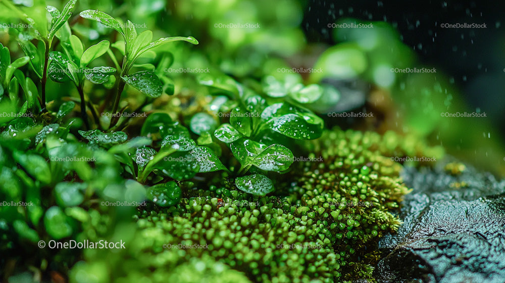 Fresh Green Leaves with Dew in a Lush Natural Setting