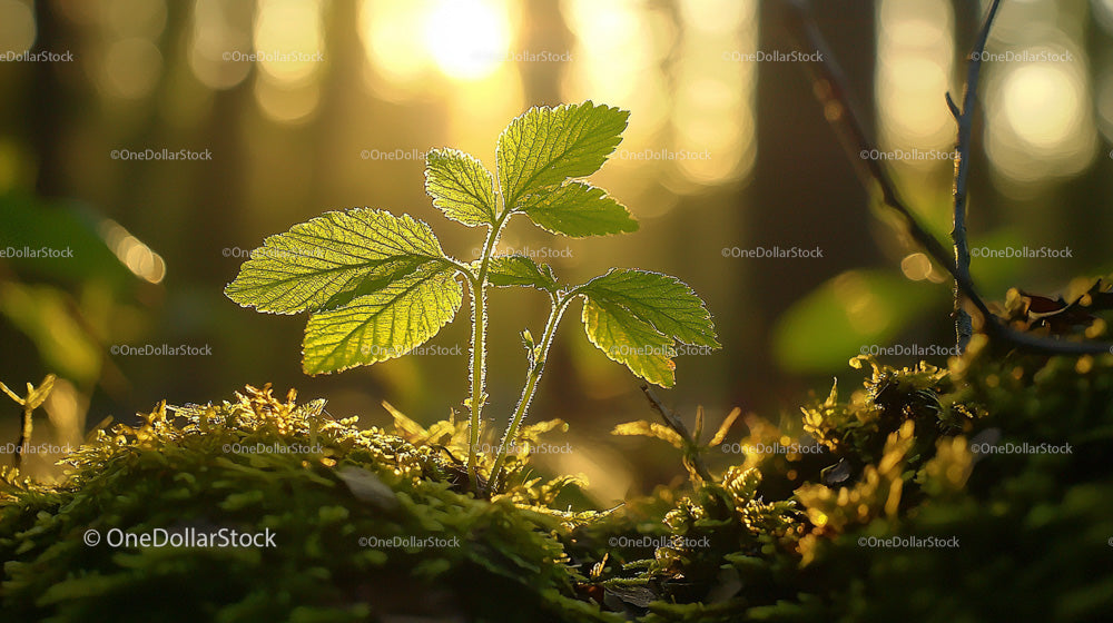 Young Green Plant Sprouting in Sunlit Forest