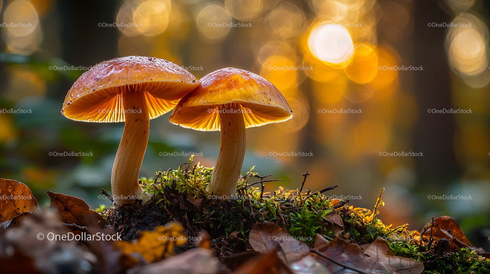 Glowing Mushrooms in Sunlit Autumn Forest