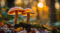Glowing Mushrooms in Sunlit Autumn Forest