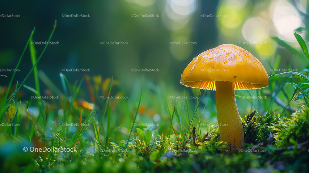 Golden Mushroom in Dewy Forest Under Morning Light
