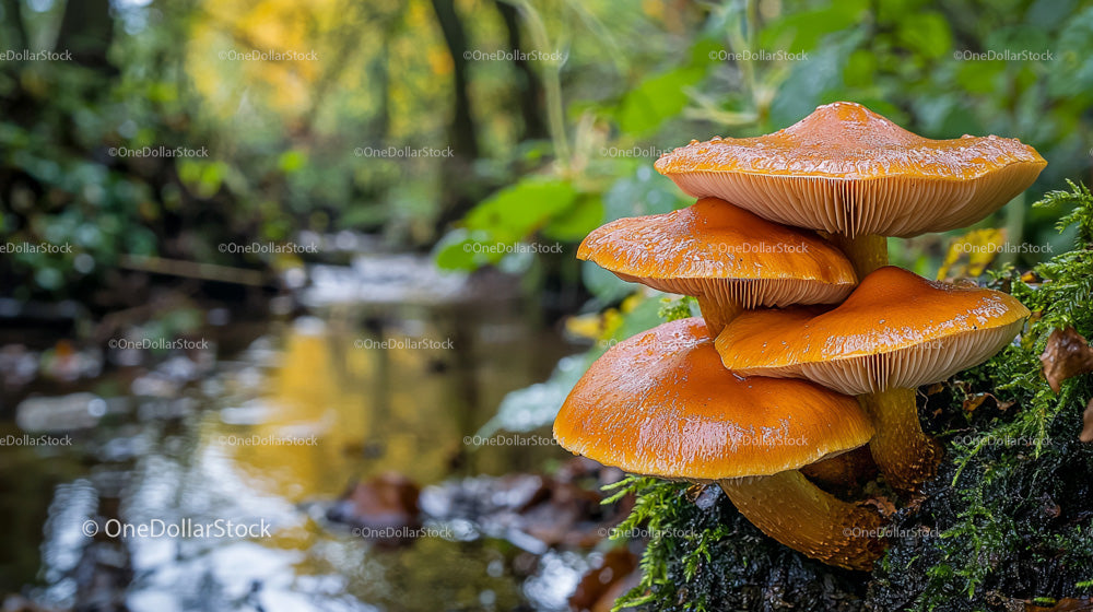 Mushrooms by the Forest Stream in Autumn