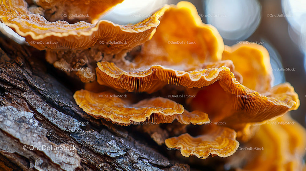 Close-Up of Vibrant Orange Fungi on Tree Bark in Forest