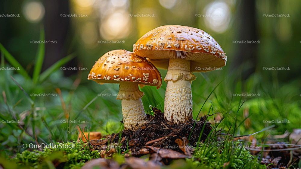 Golden Brown Mushrooms Growing in Forest Undergrowth