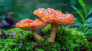 Red Fly Agaric Mushrooms on Mossy Forest Floor