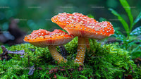 Red Fly Agaric Mushrooms on Mossy Forest Floor