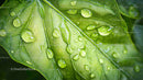Green Leaf with Fresh Water Droplets Close-Up