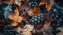 Autumn Maple Leaves and Pine Cone in Forest Floor Setting