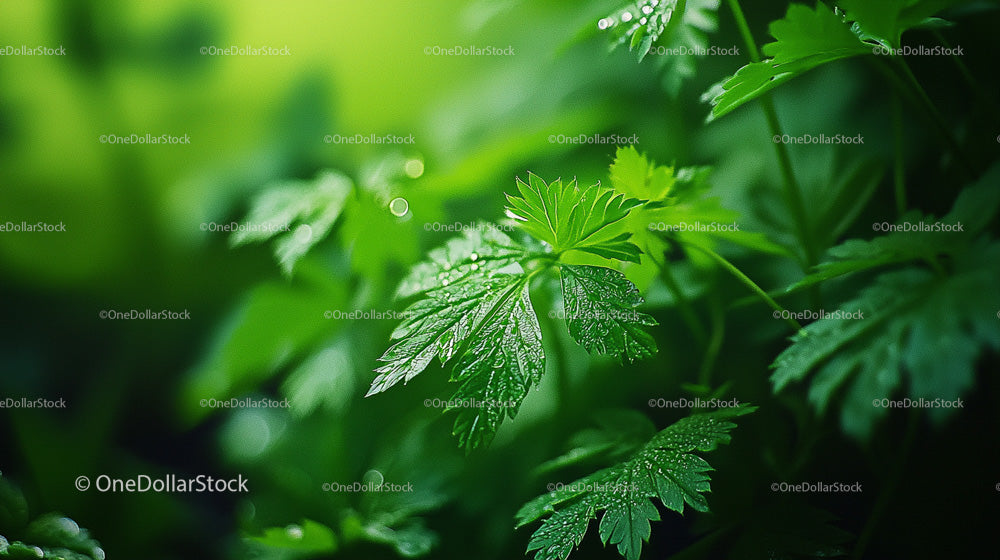 Close-Up of Dew-Soaked Parsley Leaves in the Morning Light