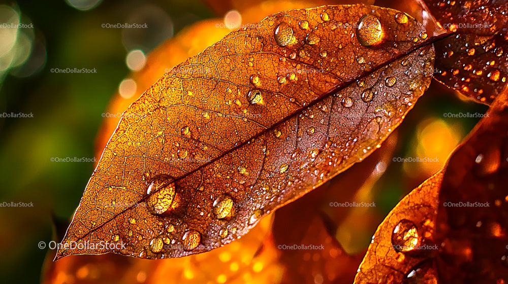 Close-Up of Autumn Leaf with Water Droplets in Fall Colors