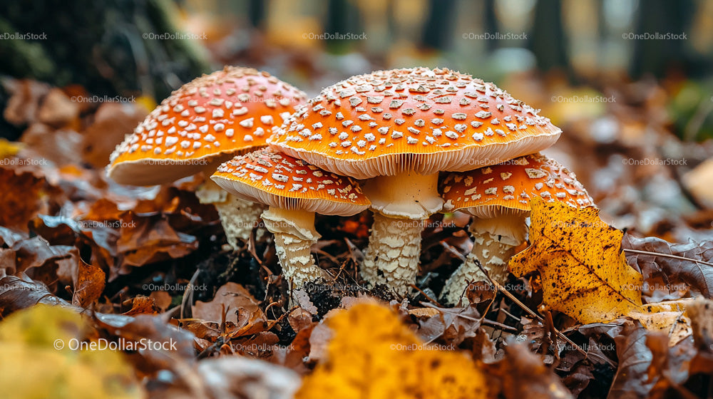 Grzyby Amanita Muscaria na pokrytej liśćmi leśnej ściółce