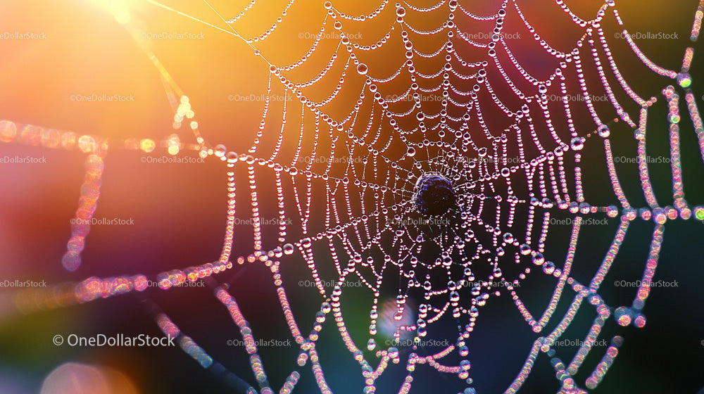 Dew-Covered Spiderweb Illuminated by Morning Sunlight